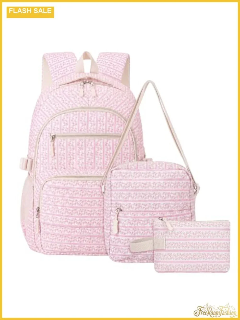 Vintage Floral Nylon Backpack Set with Crossbody Bag and Cosmetic Pouch